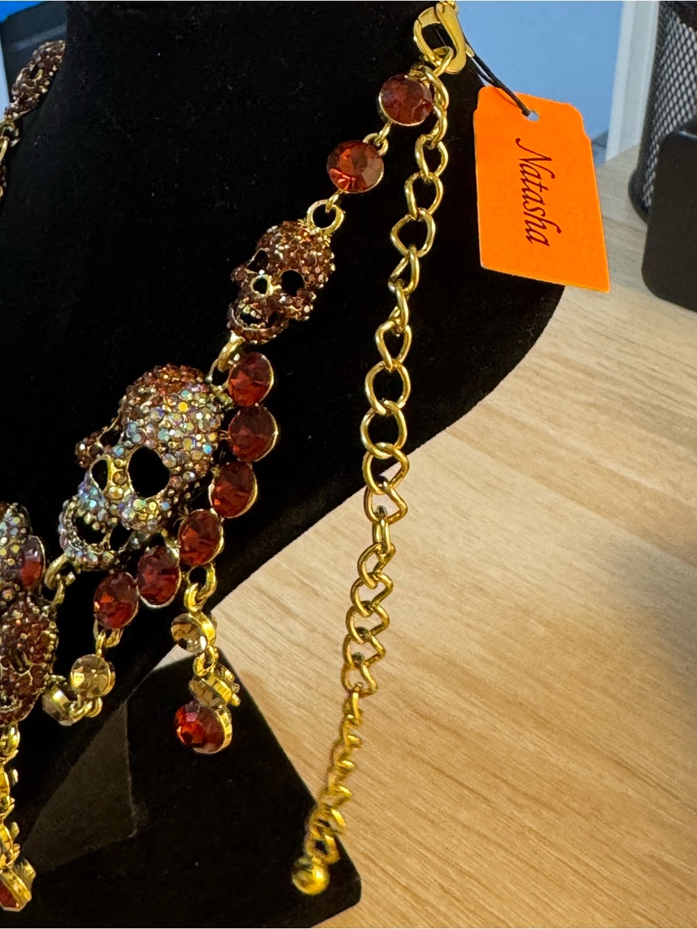 Natasha Couture Gold-Tone Skull Statement Necklace with Amber Crystals - Picture 5 of 5